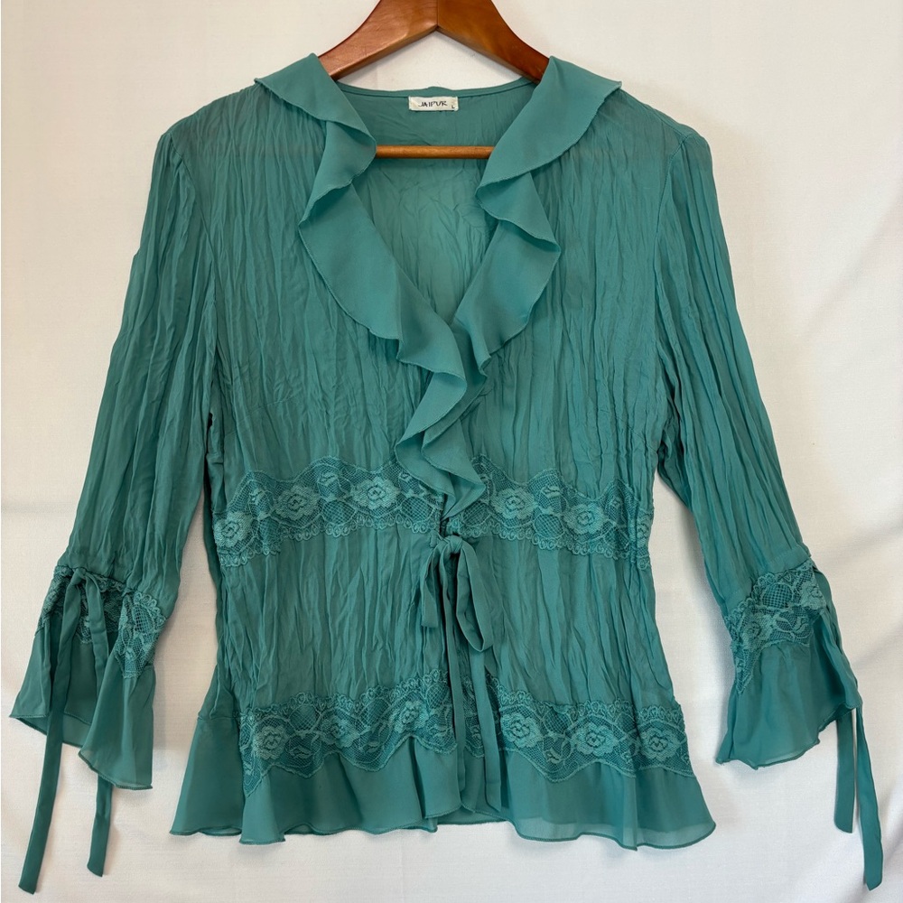 Jaipur Teal Ruffled Lace-Trim Blouse